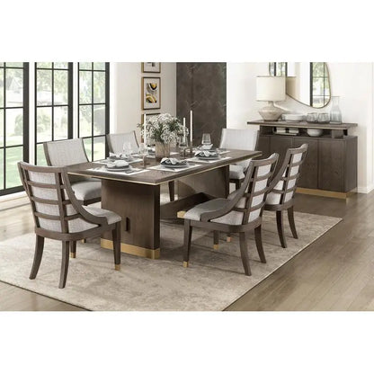 Modern Luxury Brown Finish 7-Piece Dining Set with Extension Table and 6 Armchairs, Upholstered in Gold Tipping for Stylish
