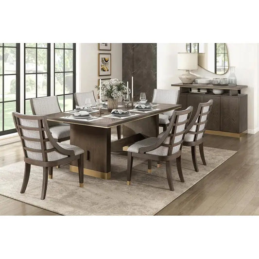 Modern Luxury Brown Finish 7-Piece Dining Set with Extension Table and 6 Armchairs, Upholstered in Gold Tipping for Stylish