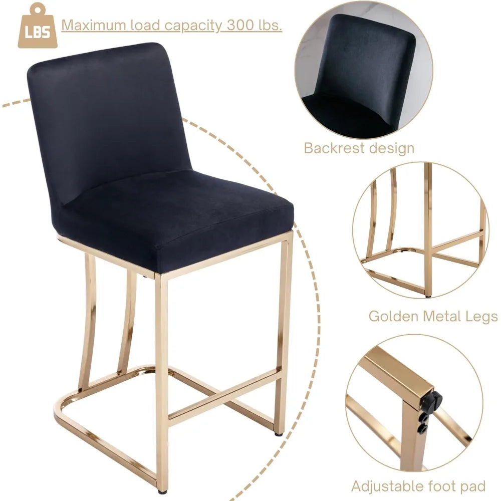 modern counter height bar stools set of 2 velvet counter stools with gold legs, 24" barstools island chairs upholstered kitchen