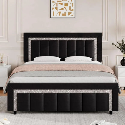 Frame, Upholstered Bed with Diamond Headboard and Footboard, Black Queen Bed Frame with Velvet Vertical Channel