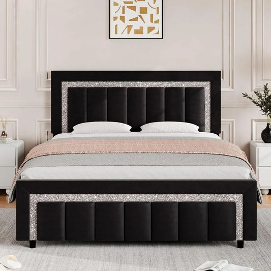 Frame, Upholstered Bed with Diamond Headboard and Footboard, Black Queen Bed Frame with Velvet Vertical Channel
