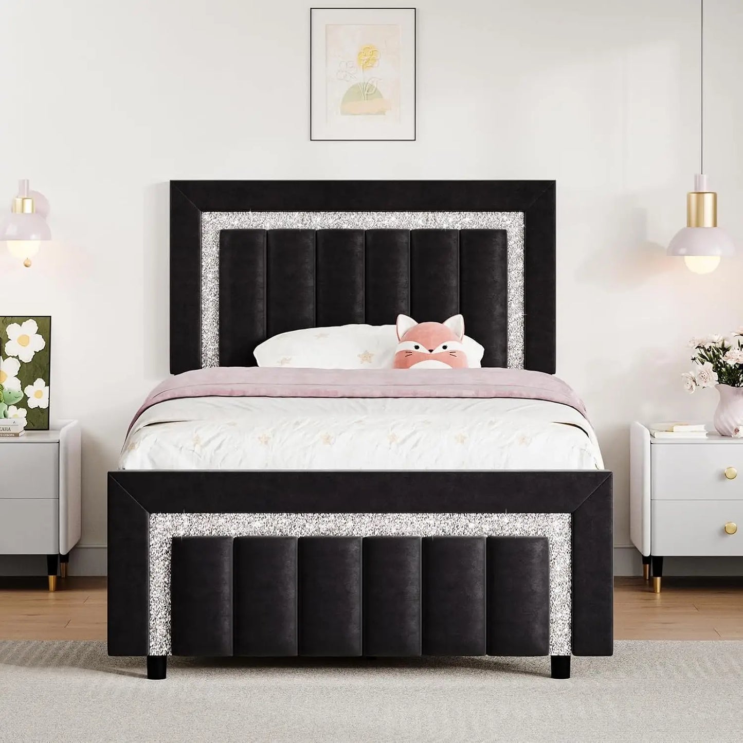 Frame, Upholstered Bed with Diamond Headboard and Footboard, Black Queen Bed Frame with Velvet Vertical Channel