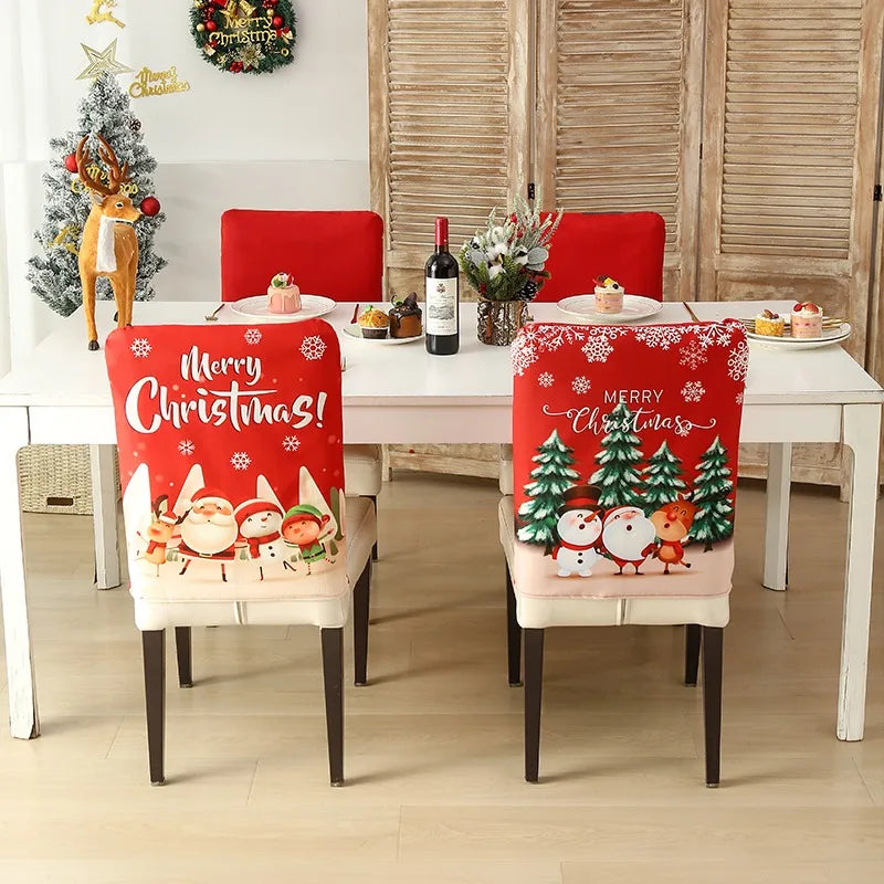 1PC Christmas Chair Back Cover Red Classic Christmas Pattern Merry Christmas For Restaurant Hotel Holiday Party Decoration