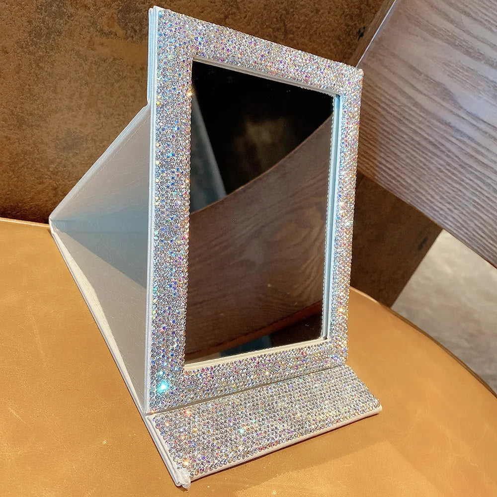 Sparkling Rhinestone Foldable Mirror Rectangle Makeup Mirror Portable Dormitory Desktop Dressing Mirror Bedroom Crystal Mirrors