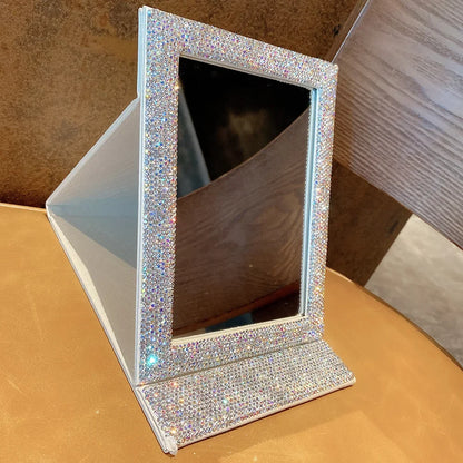 Sparkling Rhinestone Foldable Mirror Rectangle Makeup Mirror Portable Dormitory Desktop Dressing Mirror Bedroom Crystal Mirrors