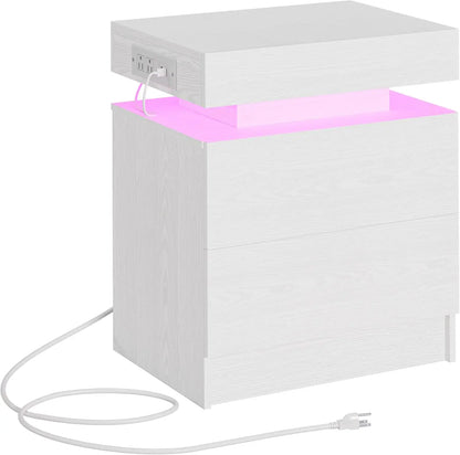 LED Light and Drawers Nightstands Set of 2 or 1, Modern Black Nightstand Charging Station, Bedside Tables End Table for Bedroom