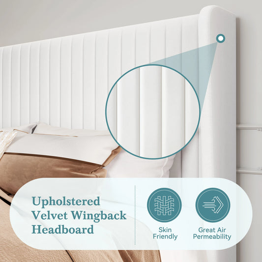 HOOMIC Velvet Upholstered Bed Frame, Vertical Channel Tufted Wingback Headboard, Wooden Slats Support Allewie