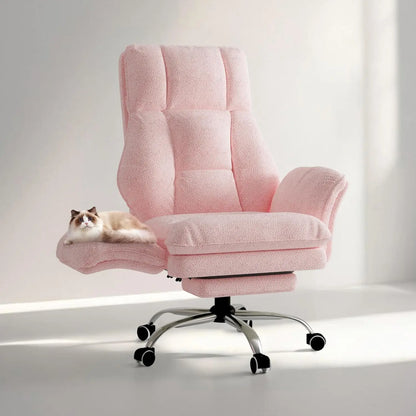 Big Tall Office Chair, Ergonomic Gaming Chair with Footrest, Pink Teddy Fleece Reclining Desk Chair