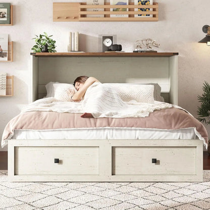 Queen Murphy Bed with Storage & Charging Station, Farmhouse Murphy Cabinet with Foldable Panel, Noisy Free, for, Customized