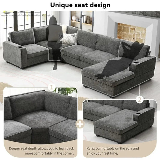 Modern U-Shaped Cloud Couch Set, 6-Seat Chenille Sectional Sleeper Sofa with Cup Holders & Chaise