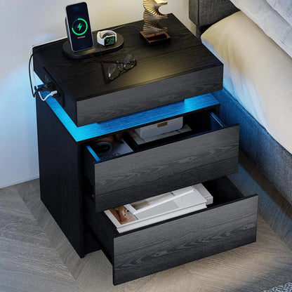 LED Light and Drawers Nightstands Set of 2 or 1, Modern Black Nightstand Charging Station, Bedside Tables End Table for Bedroom