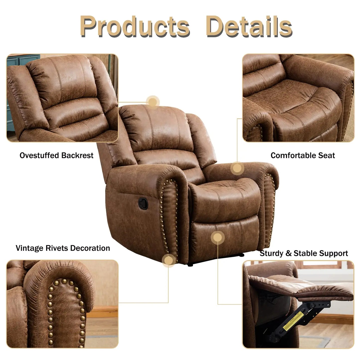 Leather Recliner Chair Manual Recliner Chair with Comfortable Arms and Back Single Sofa for Living Room