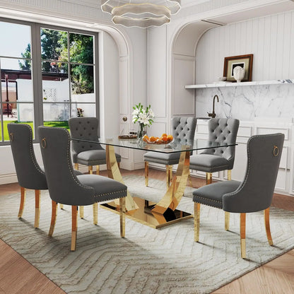 7-Piece Dining Room Set, 63" Gold Rectangular Glass Kitchen Table with 6 Beige High Back Chairs, Modern Glass Dining Table Set f