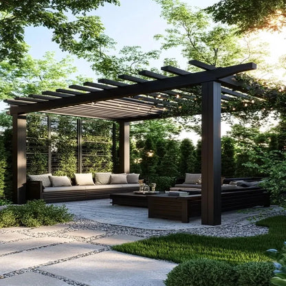 Retractable Aluminum Louvered Pergola Motorized Electric Garden Pavilion with Remote Control, Multiple Shading Scenarios