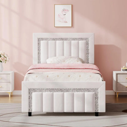 Frame, Upholstered Bed with Diamond Headboard and Footboard, Black Queen Bed Frame with Velvet Vertical Channel