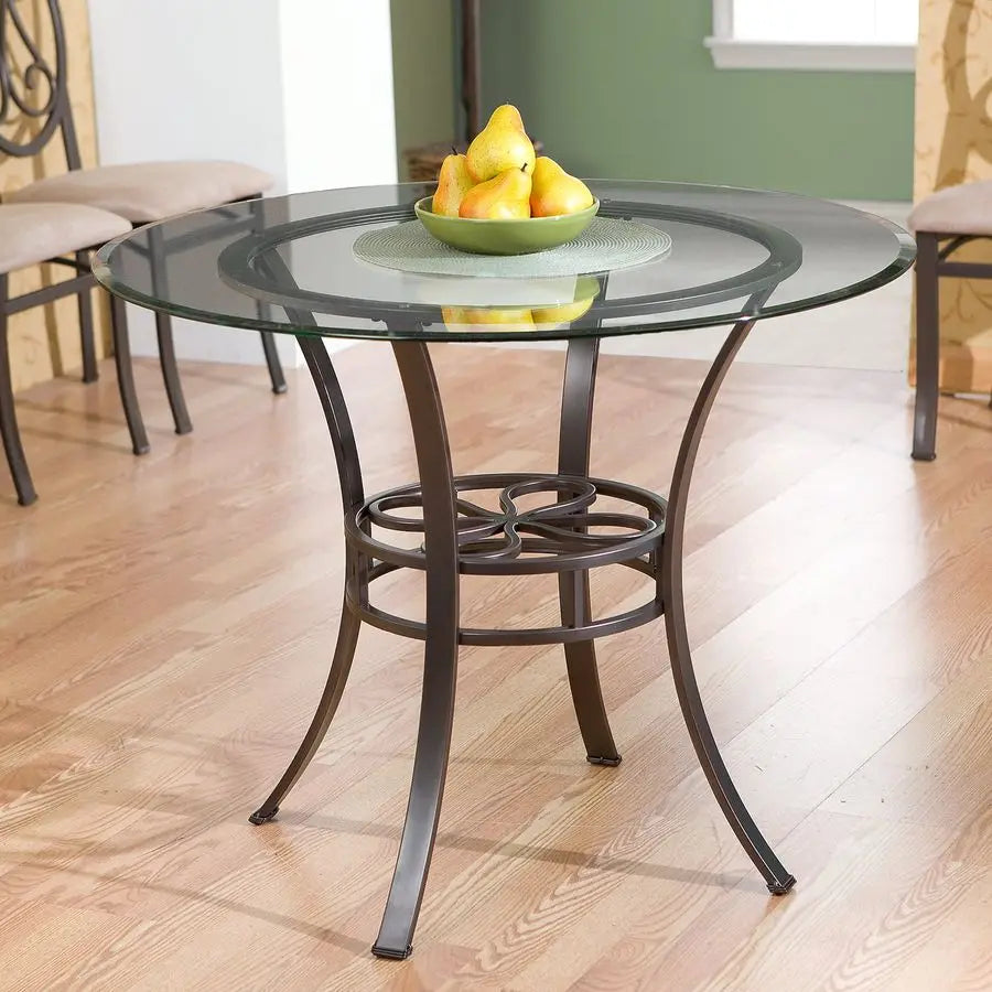 Lucianna Round Glass Top Dining Table with Metal Frame, Dark Brown