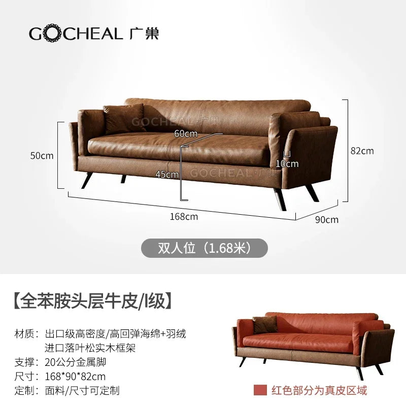 Italian retro first-layer cowhide sofa straight row full aniline leather multi-person medium and ancient style