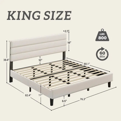 King Size Bed Frame, Platform Bed Frame with Velvet Upholstered Headboard, No Box Spring Needed, Sturdy Metal Support, Noise Fr