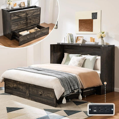 Queen Murphy Bed with Storage & Charging Station, Farmhouse Murphy Cabinet with Foldable Panel, Noisy Free, for, Customized