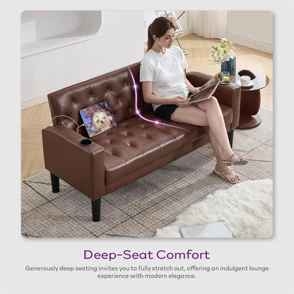 62" Brown Leather Loveseat with USB Ports & Cup Holders, Mid-Century Modern Tufted Sofa for Living Room, Office, Dorm