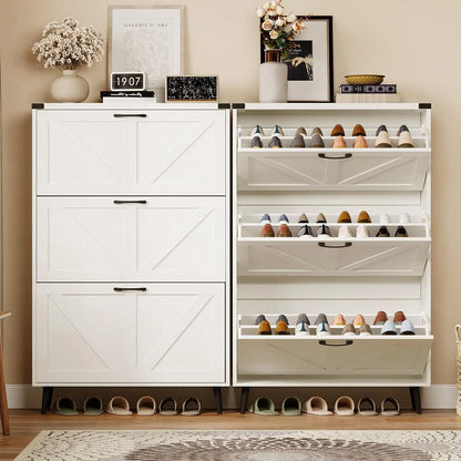 Vabches Shoe Storage Cabinet wtih 3 Flip Drawers Freestanding Shoe Cabinet with Wood Legs Slim Shoe Rack Organizer for Entryway