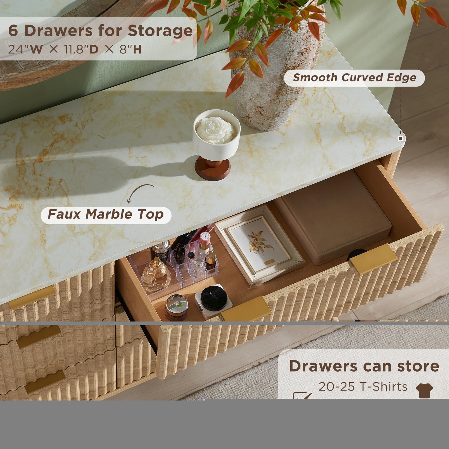 Redlemon Fluted 6 Drawers Dresser, 54" Wide Modern Chest of Drawers with Faux Marble Top