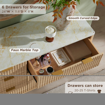 Redlemon Fluted 6 Drawers Dresser, 54" Wide Modern Chest of Drawers with Faux Marble Top