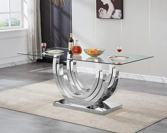 Glass Dining Table for 6 People, 62.8" Modern Kitchen Dining Room Table with Rectangular Tempered Glass Tabletop and U-Shape Ped