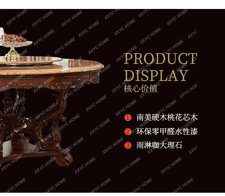A European natural marble dining table full solid wood round table carved American villa large apartment restaurant combination