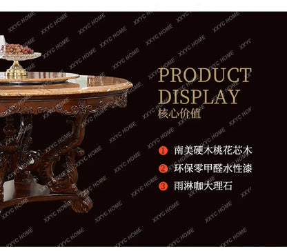 A European natural marble dining table full solid wood round table carved American villa large apartment restaurant combination