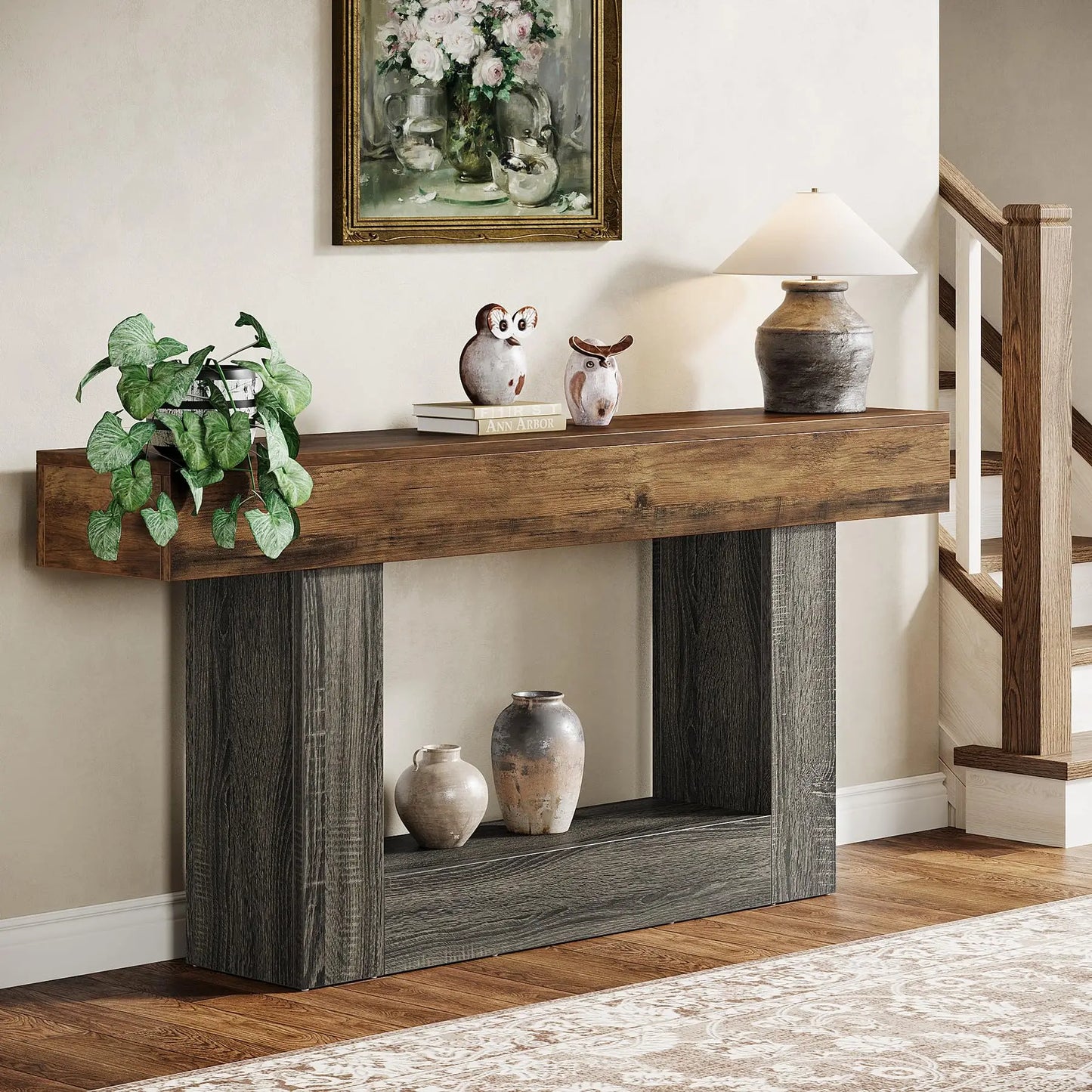 Tribesigns 63" Console Table, Farmhouse 2-Tier Entryway Table with U-Shaped Base, Narrow Long Wood Sofa Table Behind Couch Table