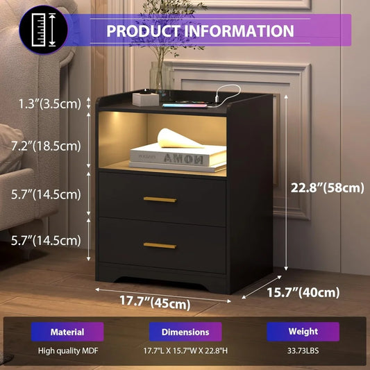 LED Nightstand with Charging Station, Modern Night Stands with 24-Color RGB LED Lights, Smart Lighted Black Bedside Table
