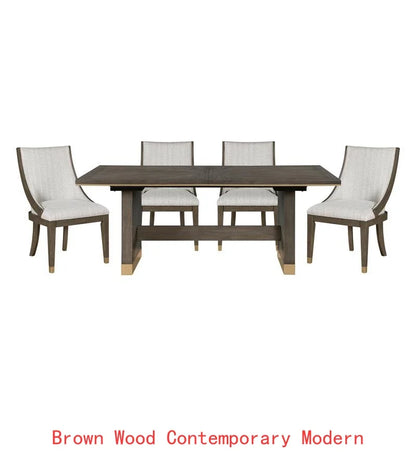 Modern Luxury Brown Finish 7-Piece Dining Set with Extension Table and 6 Armchairs, Upholstered in Gold Tipping for Stylish