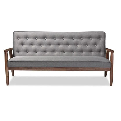 Mid-century Retro Modern Brown Faux Leather Upholstered Wooden 3-seater Sofa