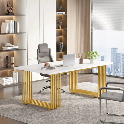 Tribesigns Modern Office Desk, 70.9" Wooden Computer Desk,Executive Desk with Gold Metal Legs, Large Workstation Home Office