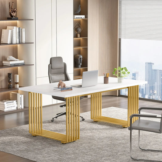 Tribesigns Modern Office Desk, 70.9" Wooden Computer Desk,Executive Desk with Gold Metal Legs, Large Workstation Home Office