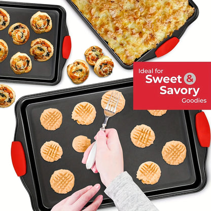 3-Piece Non-Stick Baking Sheet Set with Red Silicone Handles, 3-Size Rectangular Cookie Pan for Oven & Kitchen