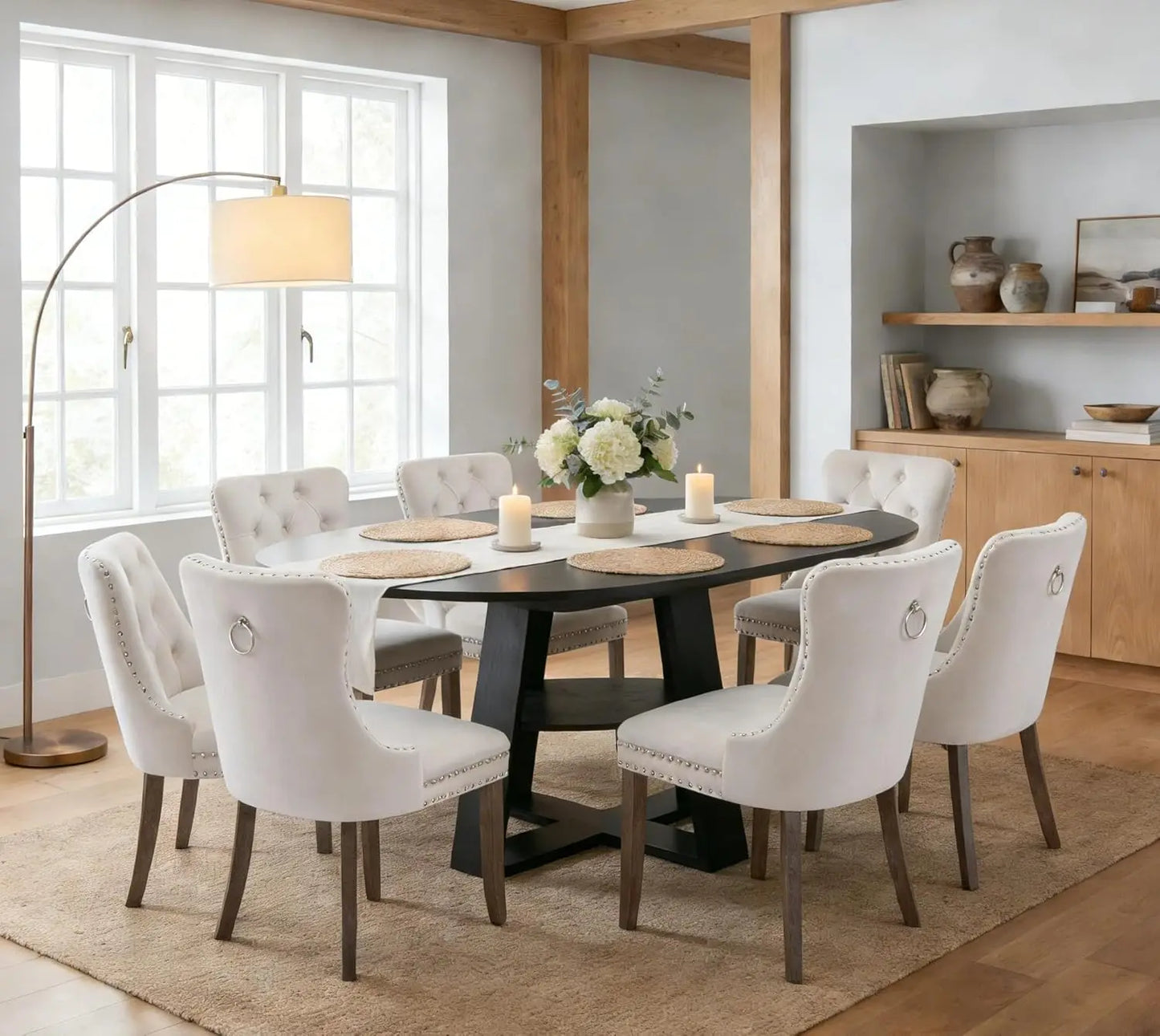 7 Piece Oval Extendable Dining Table Set for 6, 43"-59" Walnut Wood Expanding Kitchen Table with 6 Velvet Tufted, Customized