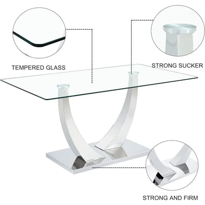 Glass Dining Table for 6 People, 62.8" Modern Kitchen Dining Room Table with Rectangular Tempered Glass Tabletop and U-Shape Ped