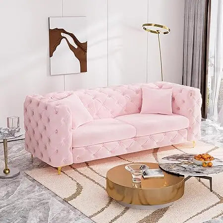 75" Sofa Couch Mid Century Modern Velvet Couch Tufted Button Sofa High Armrest & Metal Gold Legs Luxury Chesterfield Decor with