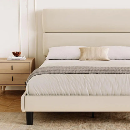 Queen Size Platform Bed Frame with Velvet Headboard, Adjustable Height Wooden Slats Support, Upholstered Mattress Foundation, F