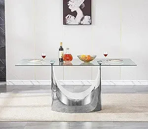Glass Dining Table for 6 People, 62.8" Modern Kitchen Dining Room Table with Rectangular Tempered Glass Tabletop and U-Shape Ped