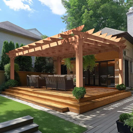 12 x16 FT Wooden Pergola,Cedar Wood Gazebo with Flat Roof,Outdoor Garden Shelter with Stakes Included,Patio,Deck, Backyard, Lawn