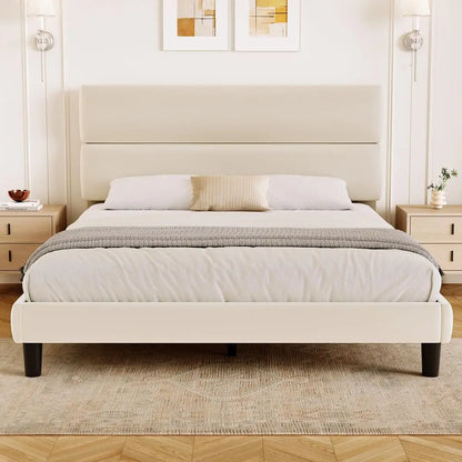 Queen Size Platform Bed Frame with Velvet Headboard, Adjustable Height Wooden Slats Support, Upholstered Mattress Foundation, F