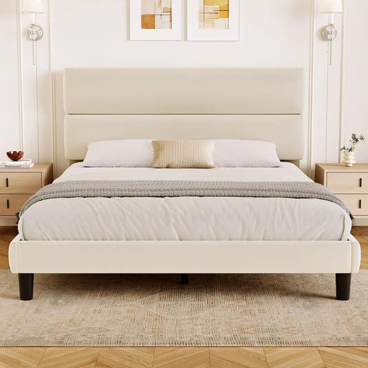 Queen Size Platform Bed Frame with Velvet Headboard, Adjustable Height Wooden Slats Support, Upholstered Mattress Foundation, F
