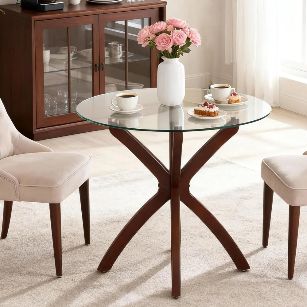 Small Glass Dining Table for 2-4 People,31.5-Inch Round Coffee Table with Solid Wood Legs, Mid-Century Modern Kitchen,Customized