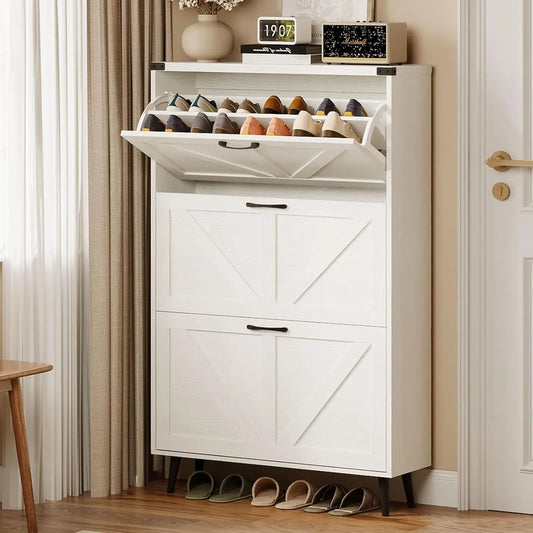 Vabches Shoe Storage Cabinet wtih 3 Flip Drawers Freestanding Shoe Cabinet with Wood Legs Slim Shoe Rack Organizer for Entryway