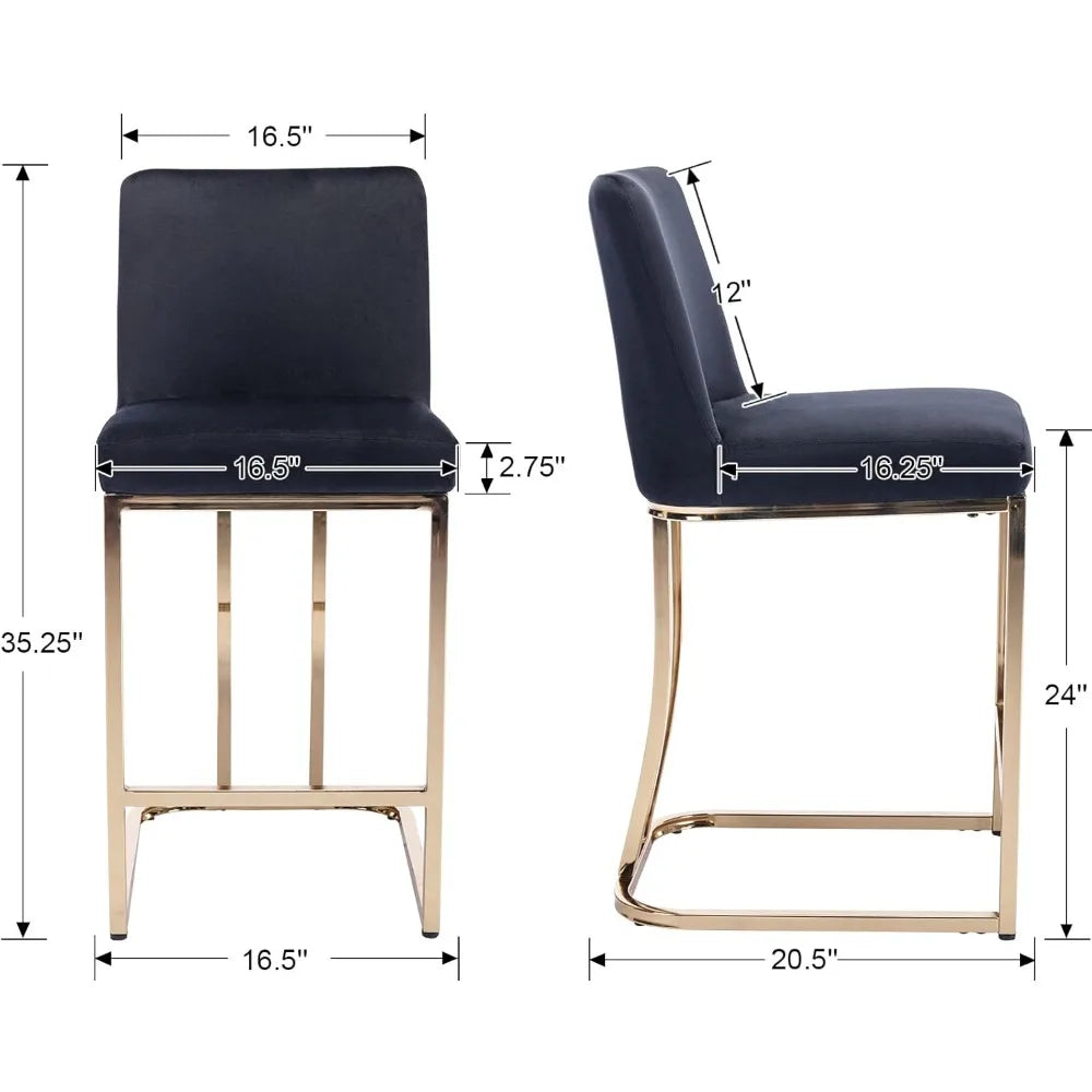 modern counter height bar stools set of 2 velvet counter stools with gold legs, 24" barstools island chairs upholstered kitchen