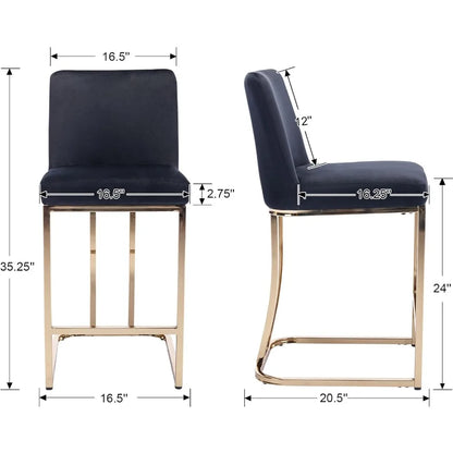 modern counter height bar stools set of 2 velvet counter stools with gold legs, 24" barstools island chairs upholstered kitchen
