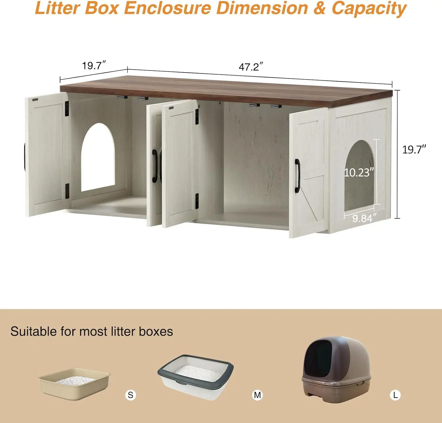 Litter Box Enclosure for 2 Cats, Farmhouse Hidden Litter Box Furniture with Barn Doors, Large Double Room Cat House for Living